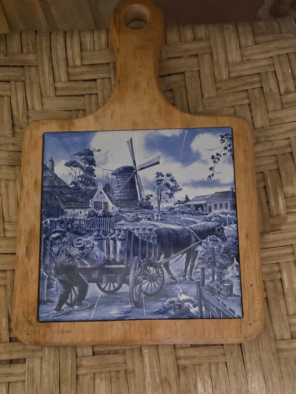 Vintage Blue Delft-Style Ceramic Tile Wall Art on Wooden Board